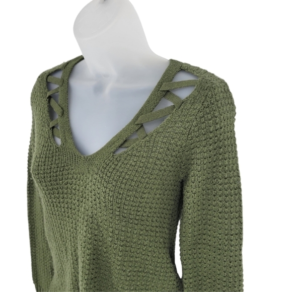 Aeropostale Green V Neck Lace Chunky Ribbed Knit Long Sleeve Stretchy Sweater XS - Picture 3 of 11
